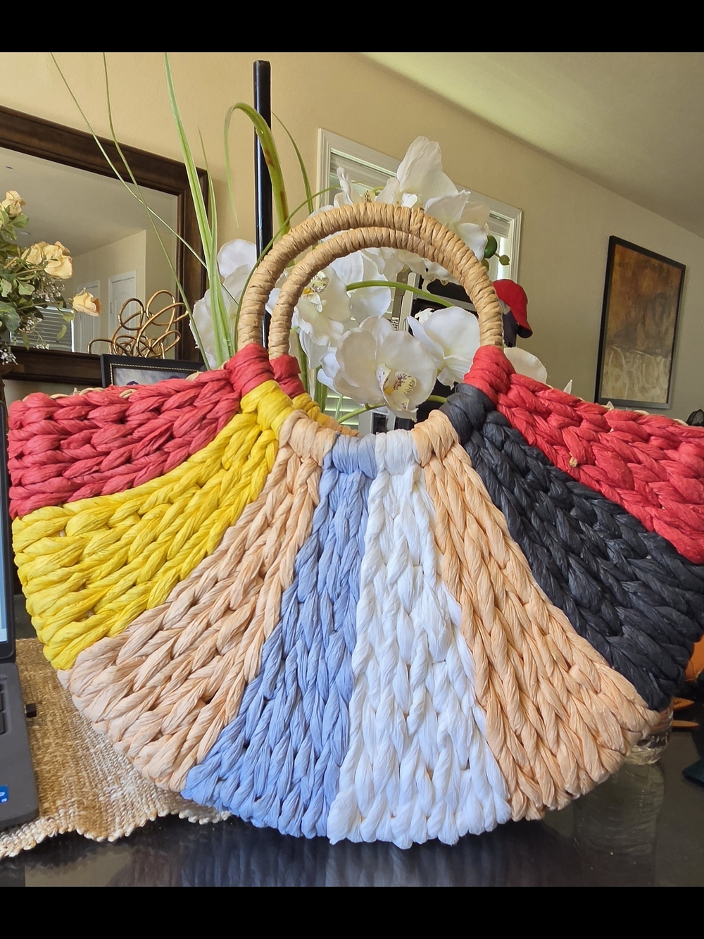 Woven Multicolor Straw Tote Bag - Red, Yellow, Blue, Black